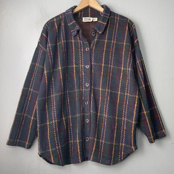 Vintage Tops - Vintage Shacket Size Large Plaid Sweater Shirt Dark Academia Poet Baggy Rugby